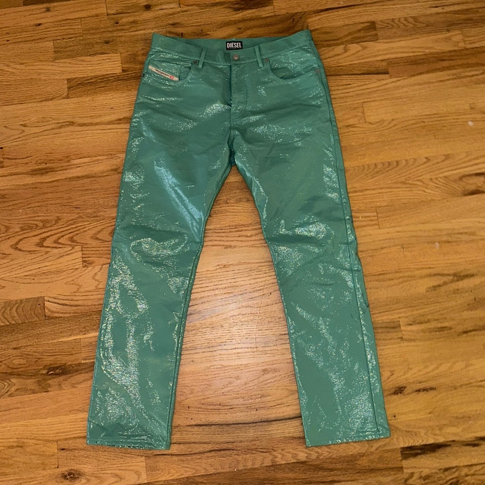DIESEL Vinyl Teal Pants with ink look on back leg size 32